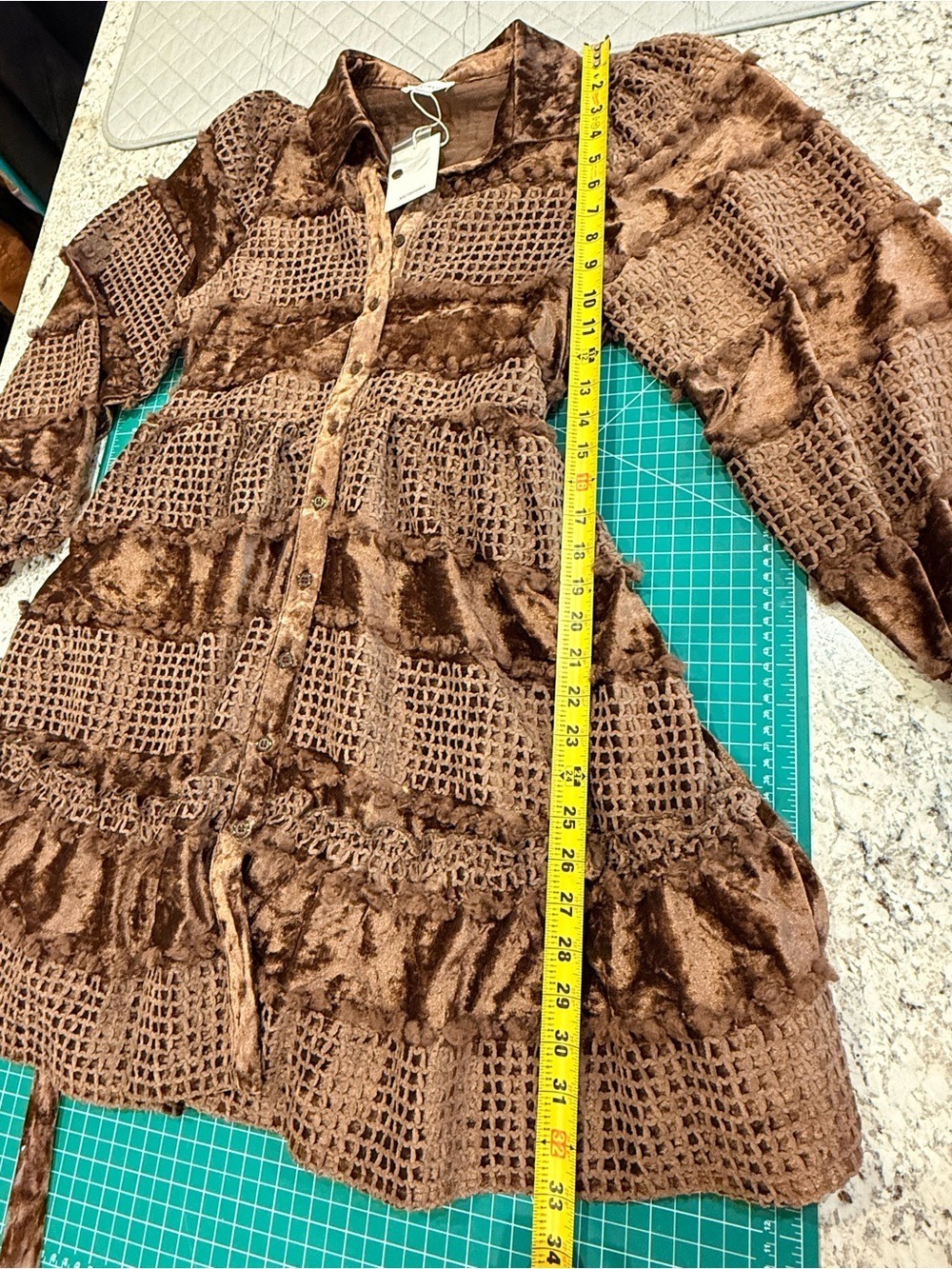 NWT LOVELO Brown Velvet Crochet Boho Shirt Dress S - Picture 3 of 12